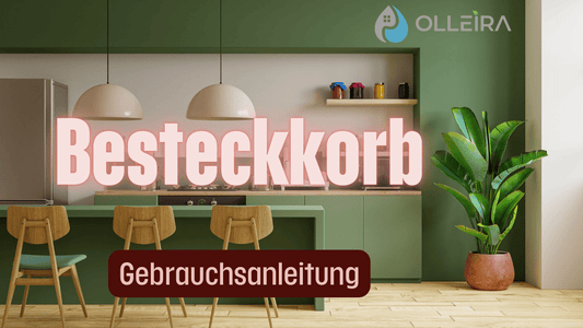Besteckkorb - Gebrauchsanleitung - Stilvolle Kueche im Hintergrund - Terra Cotta Topf mit Pflanze - Stuehle und Deko