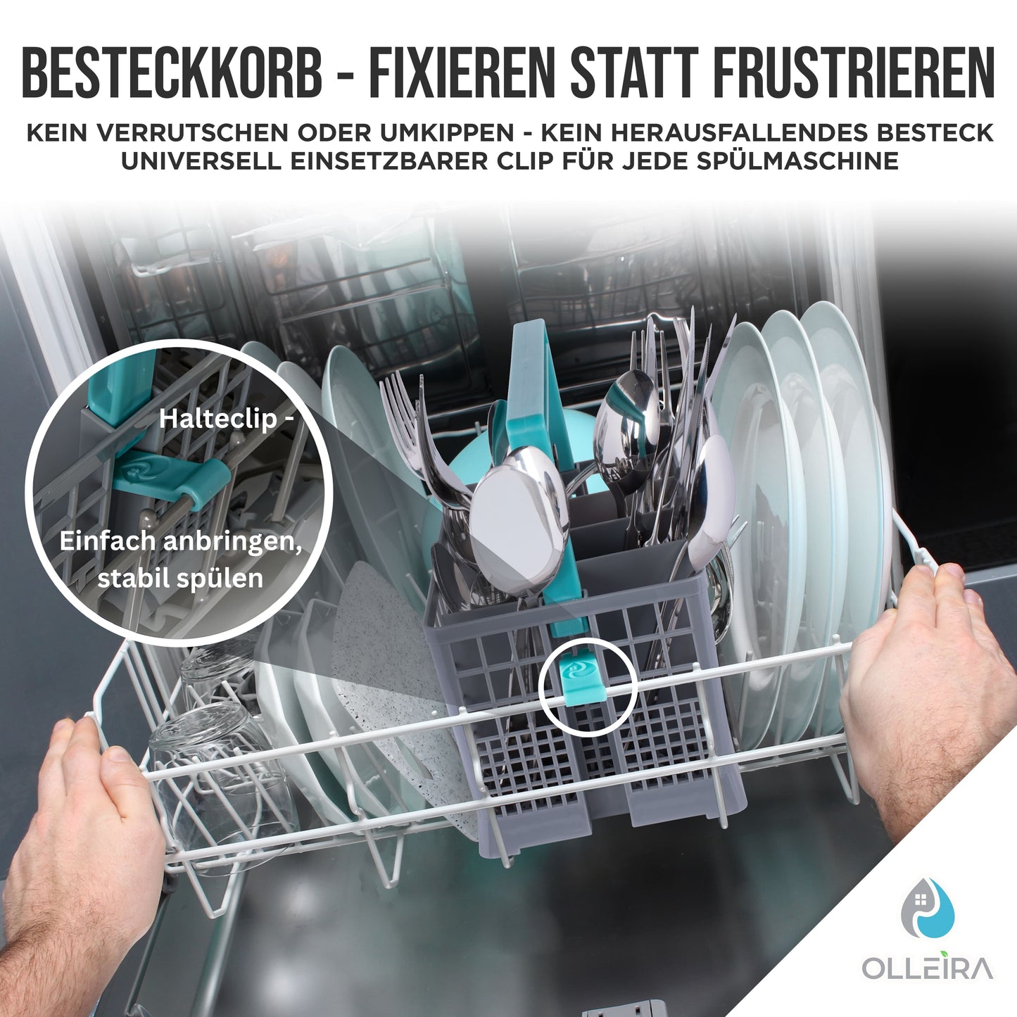 Besteckkorb Spülmaschine universal mit Halteclip – kompatibel mit Geräten von Marken wie Siemens, Bosch, Beko, Neff, Juno, Exquisit und viele mehr