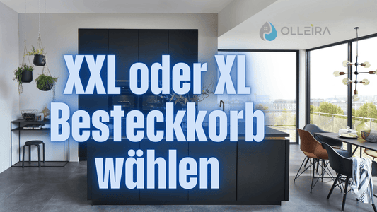 XXL oder XL Besteckkorb wählen - Noble Schwarze Kueche im Hintergrund - Deko und Stuehle