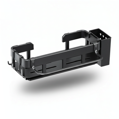 Spülbecken-Organizer schwarz mit Haken, Handtuchhalter und Becherhalter, freigestellt auf weißem Hintergrund