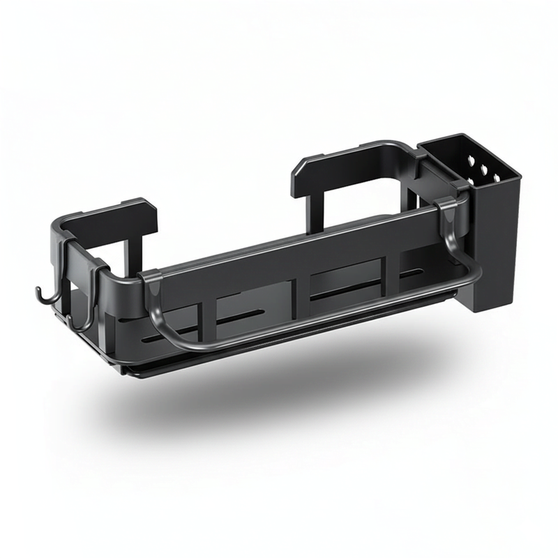 Spülbecken-Organizer schwarz mit Haken, Handtuchhalter und Becherhalter, freigestellt auf weißem Hintergrund