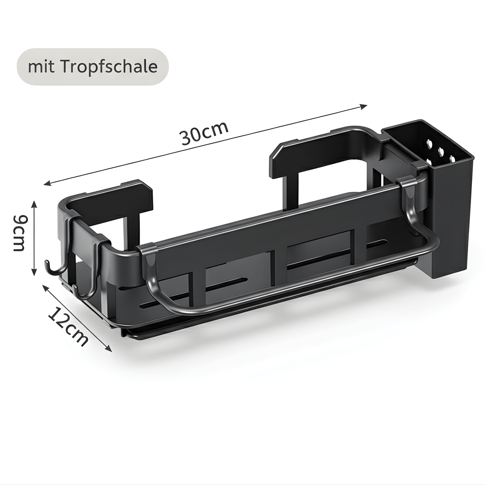 Maße des Spülbecken-Organizers: 30 cm Breite, 12 cm Tiefe, 9 cm Höhe; Hinweis „mit Tropfschale“