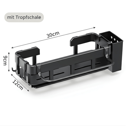 Maße des Spülbecken-Organizers: 30 cm Breite, 12 cm Tiefe, 9 cm Höhe; Hinweis „mit Tropfschale“