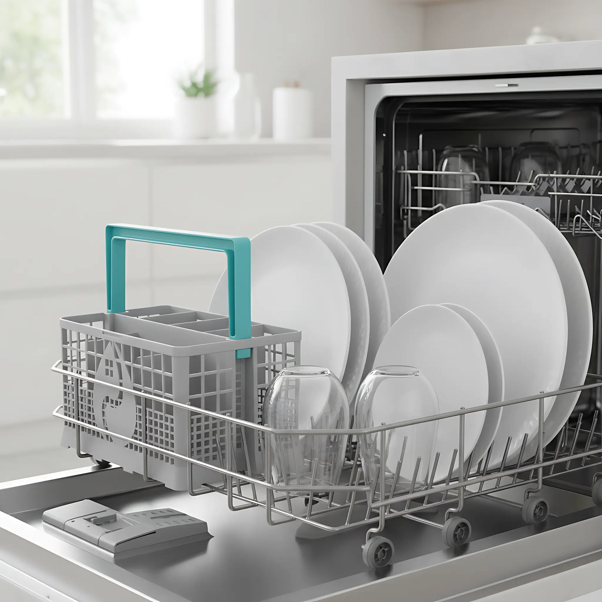OLLEIRA Spülmaschinen-Besteckkorb Basis grün im unteren Geschirrkorb, ohne Clip, Griff türkis