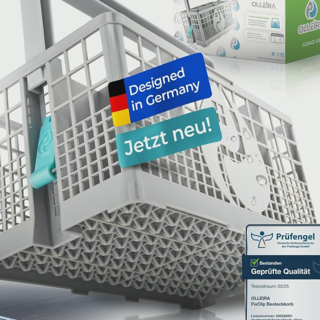Video laden: OLLEIRA Besteckkorb für Spülmaschinen – stabil, universell passend, mit innovativem FixClip-Design. Entwickelt in Deutschland, geprüft vom Prüfengel. Jetzt neu mit durchdachtem Designschutz für Korb und Clip.