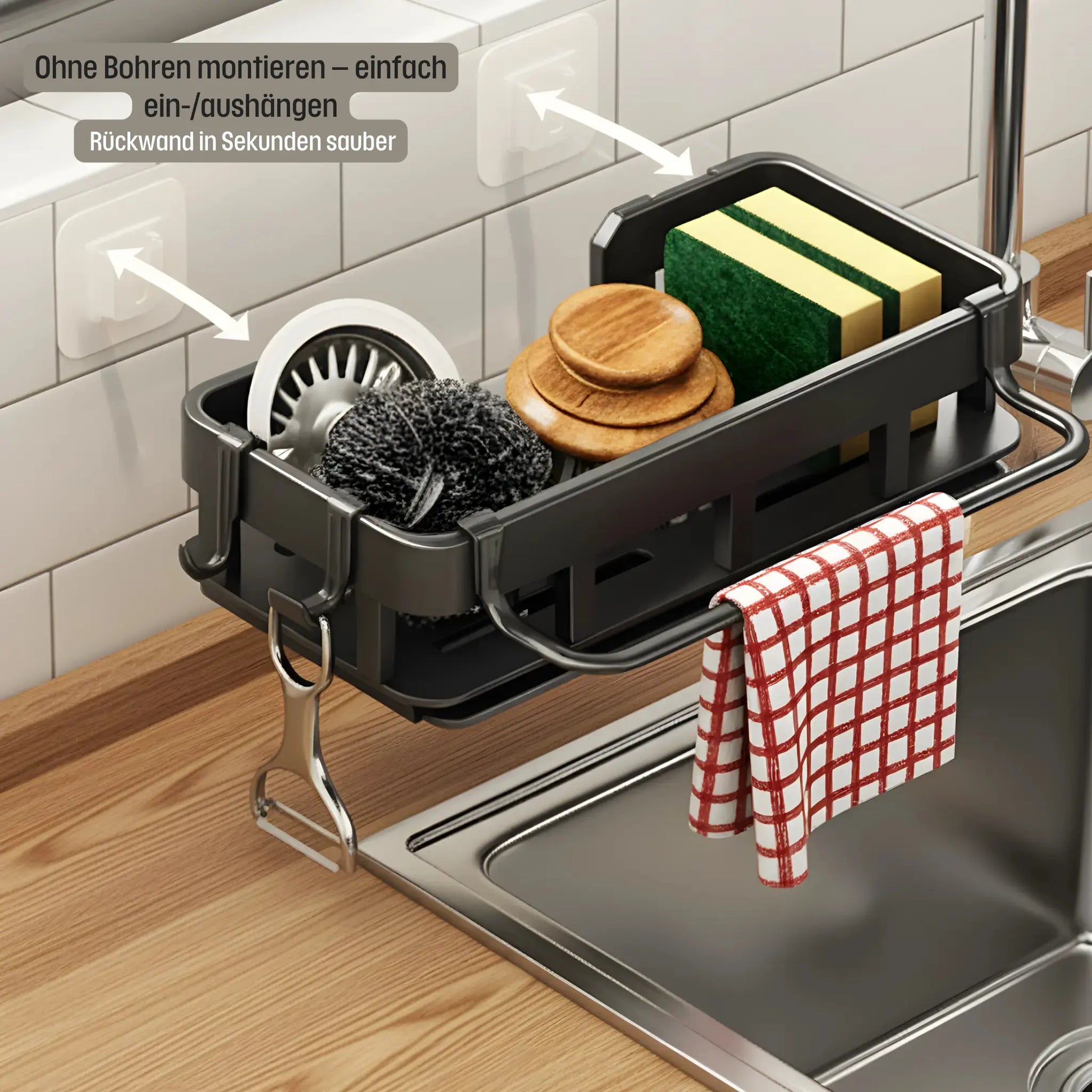 Ohne bohren montieren -abnehmbarer Spülbecken-Organizer: Pfeile zeigen vom Korb zu den Klebepads – abhaengen - wischen. wieder einhängen - fertig