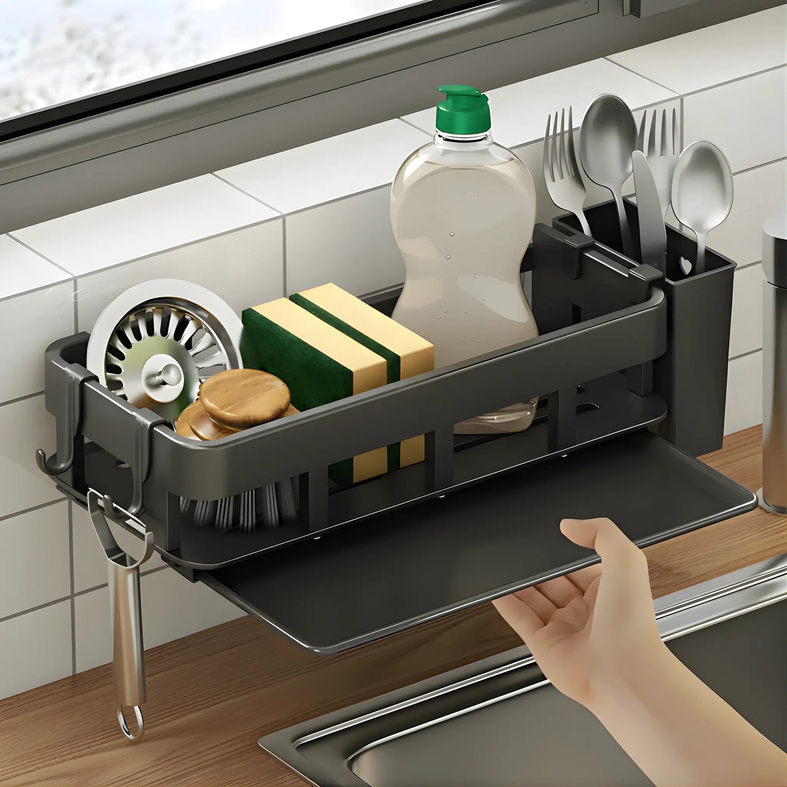 Abnehmbare Tropfschale – Arbeitsplatte bleibt trocken & fleckenfrei; Spülbecken-Organizer ohne Bohren, Hand zieht Tropfschale heraus, Subway-Fliesen/Eiche.